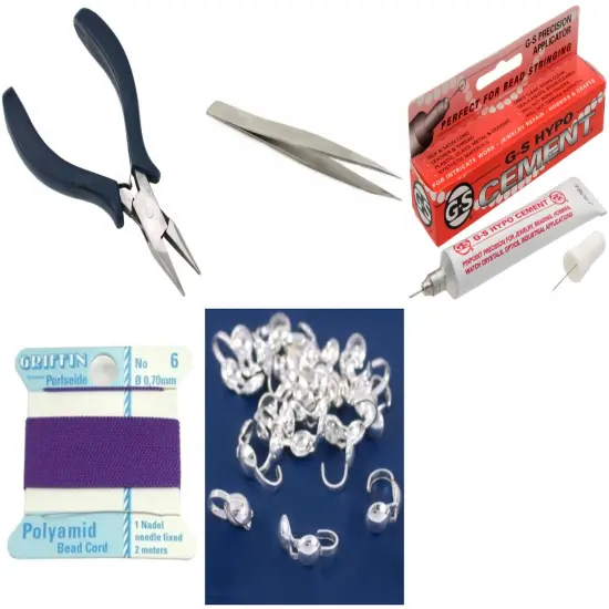 Bead Tip Kit - Pliers, Tweezers, Cement, Amethyst Bead Cord #6 & 25 Bead Tips {1}
