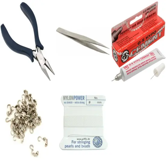 Bead Tip Kit - Pliers, Tweezers, Cement, 30 Bead Tips & White Bead Cord #6 {1}