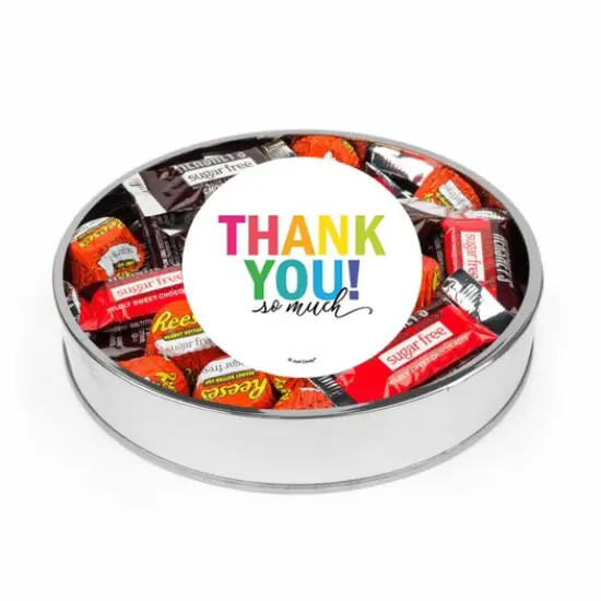 Thank You Sugar Free Candy Gift Tin Large Plastic Tin with Sticker and Hershey's Chocolate & Reese's Mix - By Just Candy {1}