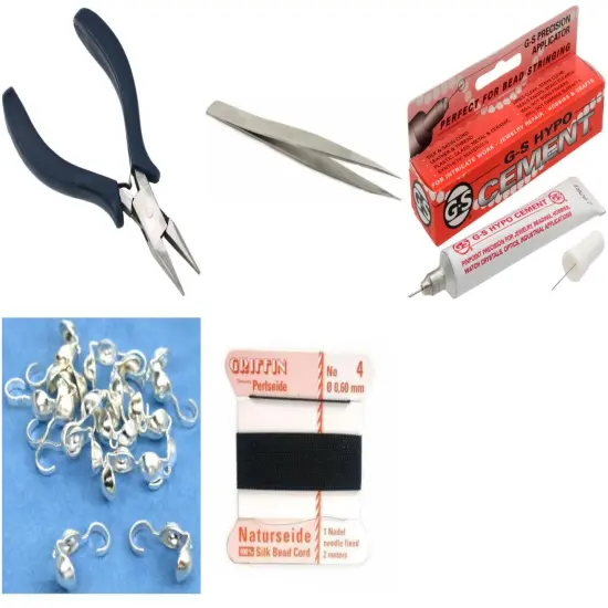 Bead Tip Kit - Pliers, Tweezers, Cement, 15 Bead Tips & Black Bead Cord #4 {1}