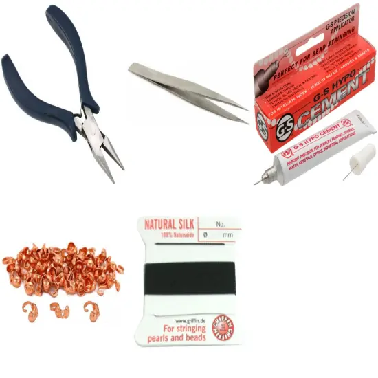 Bead Tip Kit - Pliers, Tweezers, Cement, 50 Bead Tips & Black Bead Cord #6 {1}