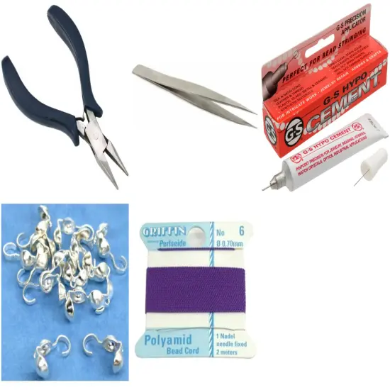 Bead Tip Kit - Pliers, Tweezers, Cement, 15 Bead Tips & Amethyst Bead Cord #6 {1}