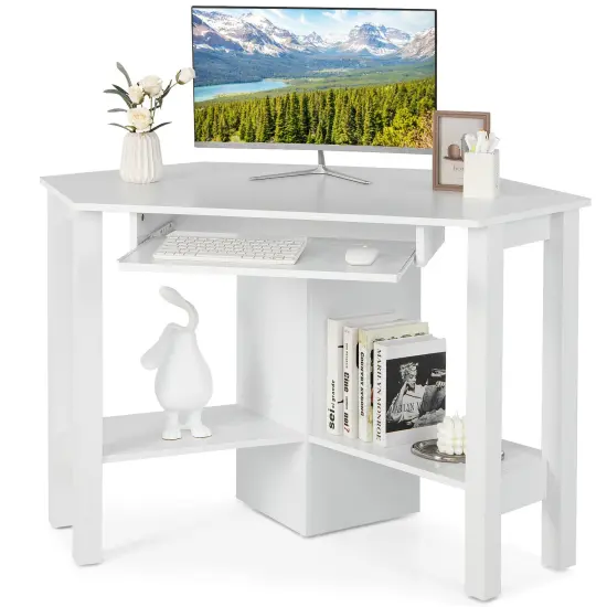 Costway Wooden Corner Desk With Drawer Computer PC Table Study Office Room White {1}