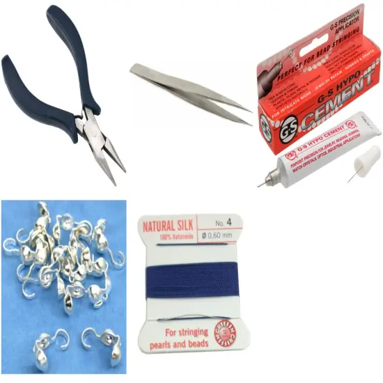 Bead Tip Kit - Pliers, Tweezers, Cement, 15 Bead Tips & Dark Blue Bead Cord #6 {1}