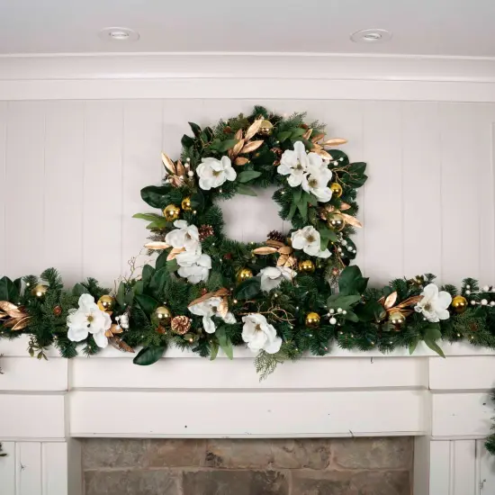 30 in. Lighted Christmas Wreath - White Gold Magnolia {5}