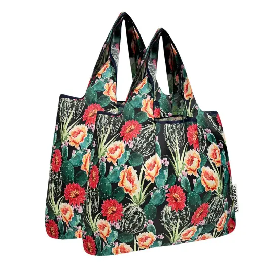 Wrapables Medium Foldable Tote Nylon Reusable Grocery Bag (Set of 2), Floral Cactus {1}