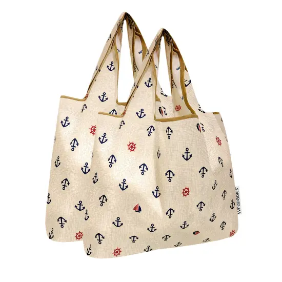 Wrapables Medium Foldable Tote Nylon Reusable Grocery Bag (Set of 2), Anchors Away {1}