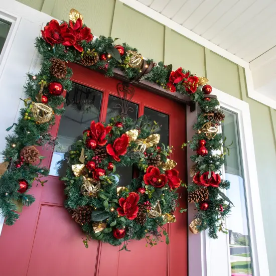 9 ft. Artificial Christmas Garland with Lights - Red Magnolia {5}