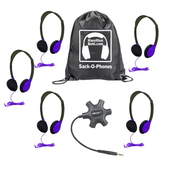 Galaxy&trade; Econo-Line of Sack-O-Phones with 5 Purple Personal-Sized Headphones, Starfish Jackbox and Carry Bag {1}