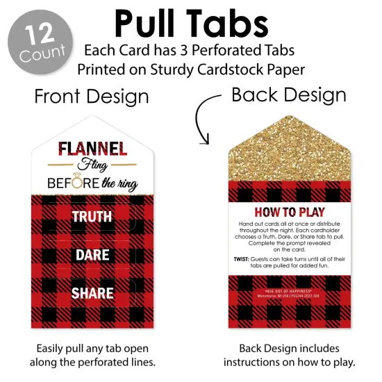 Big Dot of Happiness Flannel Fling Before The Ring - Buffalo Plaid Bachelorette Party Game Pickle Cards - Truth, Dare, Share Pull Tabs - Set of 12 {4}