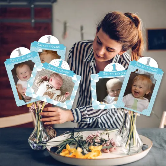 Big Dot of Happiness 1st Birthday Boy - Fun to be One - First Birthday Party Picture Centerpiece Sticks - Photo Table Toppers - 15 Pieces {3}