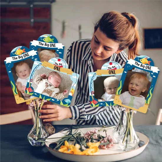 Big Dot of Happiness 1st Birthday Reeling in the Big One - Fish First Birthday Party Picture Centerpiece Sticks - Photo Table Toppers - 15 Pieces {3}