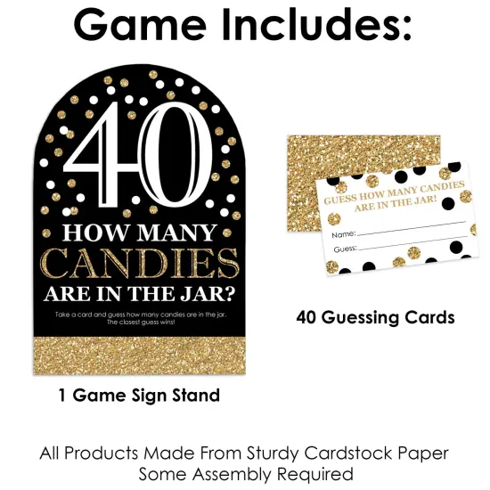 Big Dot of Happiness Adult 40th Birthday - Gold - How Many Candies Birthday Party Game - 1 Stand and 40 Cards - Candy Guessing Game {4}