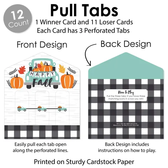 Big Dot of Happiness Happy Fall Truck - Harvest Pumpkin Party Game Pickle Cards - Pull Tabs 3-in-a-Row - Set of 12 {6}