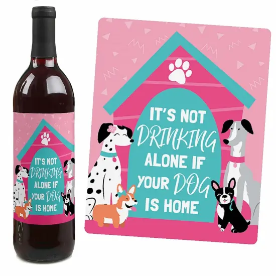Big Dot of Happiness Pawty Like a Puppy Girl - Pink Dog Baby Shower or Birthday Party Decor for Women and Men - Wine Bottle Label Stickers - Set of 4 {4}
