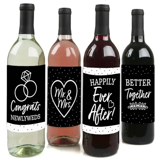 Big Dot of Happiness Mr. and Mrs. - Black and White Wedding or Bridal Shower Decorations for Women and Men - Wine Bottle Label Stickers - Set of 4 {1}