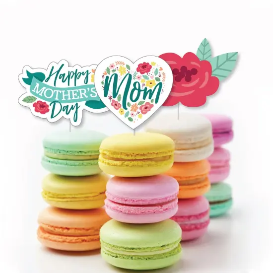 Big Dot of Happiness Colorful Floral Happy Mother's Day - Dessert Cupcake Toppers - We Love Mom Party Clear Treat Picks - Set of 24 {6}