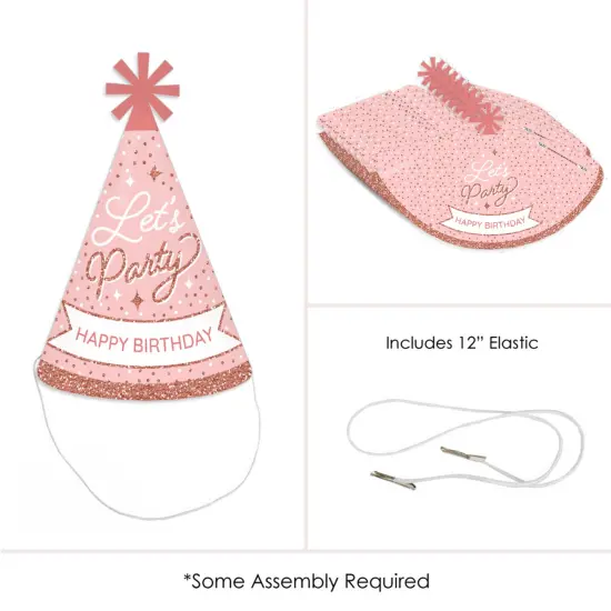 Big Dot of Happiness Pink Rose Gold Birthday - Cone Happy Birthday Party Hats for Kids and Adults - Set of 8 (Standard Size) {6}