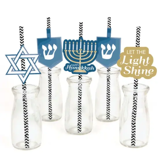 Big Dot of Happiness Happy Hanukkah Paper Straw Decor - Hanukkah Party Striped Decorative Straws - Set of 24 {1}