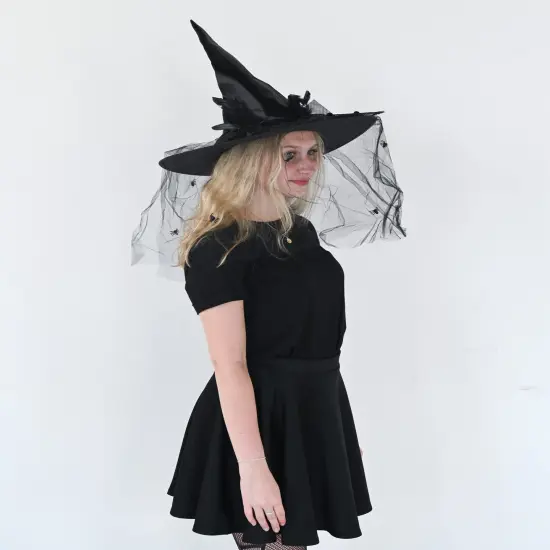 Deluxe Pointed Witch Hat - Glamorous Black Witches Accessories Fancy Satin Hat with Bow, Spiders and Black Feathers {2}