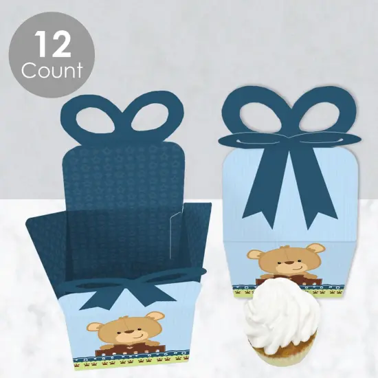 Big Dot of Happiness Baby Boy Teddy Bear - Square Favor Gift Boxes - Baby Shower Bow Boxes - Set of 12 {4}