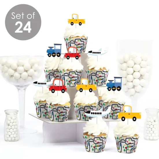 Big Dot of Happiness Cars, Trains, and Airplanes - Cupcake Decoration - Transportation Birthday Party Cupcake Wrappers and Treat Picks Kit - Set of 24 {3}