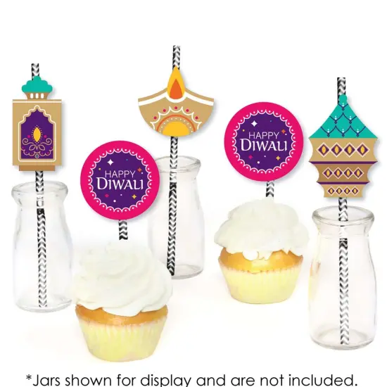 Big Dot of Happiness Happy Diwali - Paper Straw Decor - Festival of Lights Party Striped Decorative Straws - Set of 24 {6}