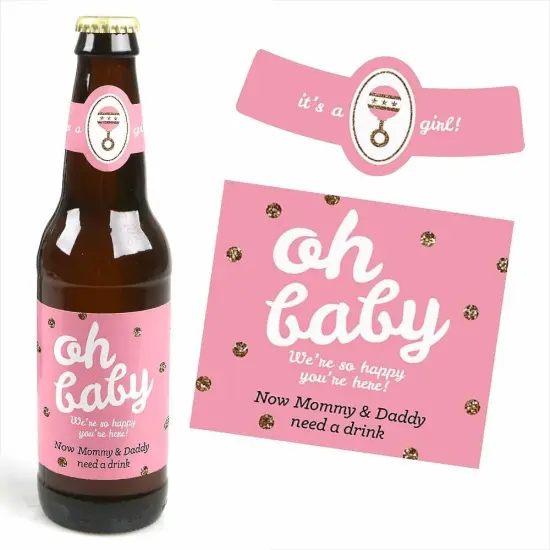 Big Dot of Happiness Hello Little One - Pink and Gold - Girl Baby Shower Decorations for Women and Men - 6 Beer Bottle Label Stickers and 1 Carrier {3}