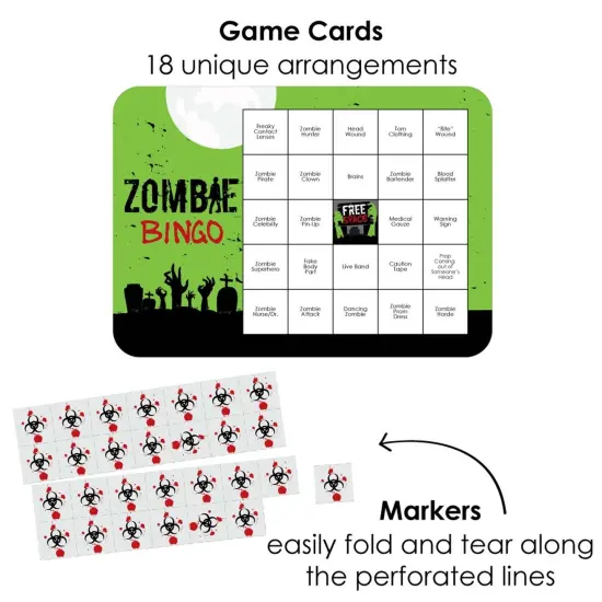 Big Dot of Happiness Zombie Zone - Bar Bingo Cards and Markers - Halloween or Birthday Zombie Crawl Party Bingo Game - Set of 18 {3}
