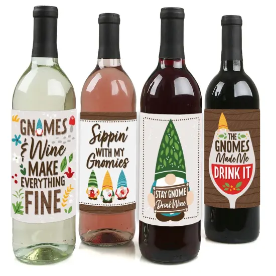 Big Dot of Happiness Garden Gnomes - Forest Gnome Party Decorations for Women and Men - Wine Bottle Label Stickers - Set of 4 {1}
