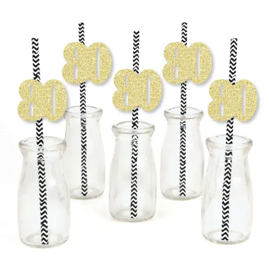 Big Dot of Happiness Gold Glitter 80 Party Straws - No-Mess Real Gold Glitter Cut-Out Numbers & Decorative 80th Birthday Party Paper Straws - 24 Ct {3}