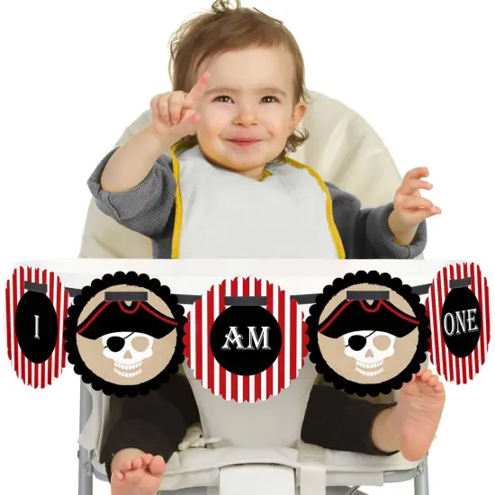 Big Dot of Happiness Beware of Pirates 1st Birthday Highchair Decor - I Am One - First Birthday High Chair Banner {1}