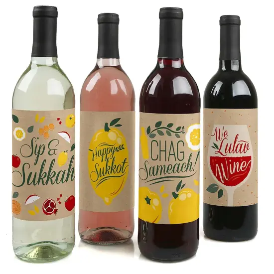 Big Dot of Happiness Sukkot - Sukkah Holiday Decorations for Women and Men - Wine Bottle Label Stickers - Set of 4 {1}