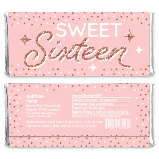 Big Dot of Happiness 16th Pink Rose Gold Birthday - Candy Bar Wrapper Happy Birthday Party Favors - Set of 24 {3}