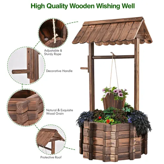 Costway Outdoor Wooden Wishing Well Bucket Flower Plants Planter Patio Garden Home Decor {4}