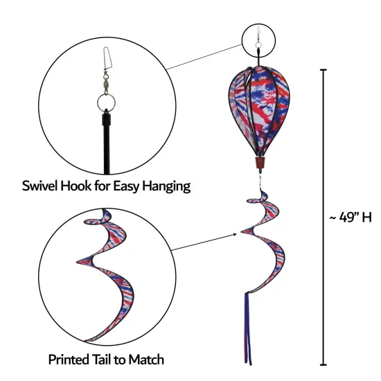 In the Breeze 0981 - Red, White and Blue Tie Dye Hot Air Balloon Spinner - Outdoor Hanging Decoration {4}