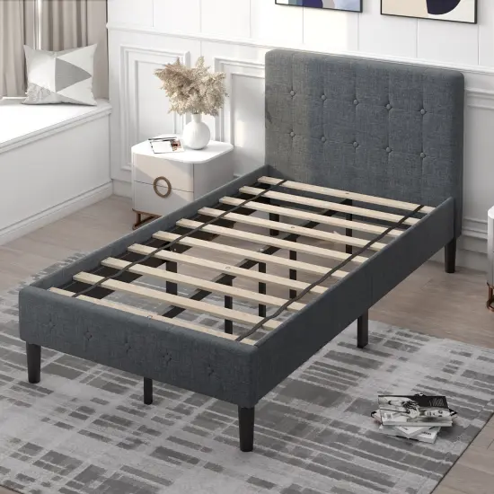 Costway Twin Size Upholstered Bed Frame Platform Bed with Button Tufted Headboard Mattress Foundation Grey {4}