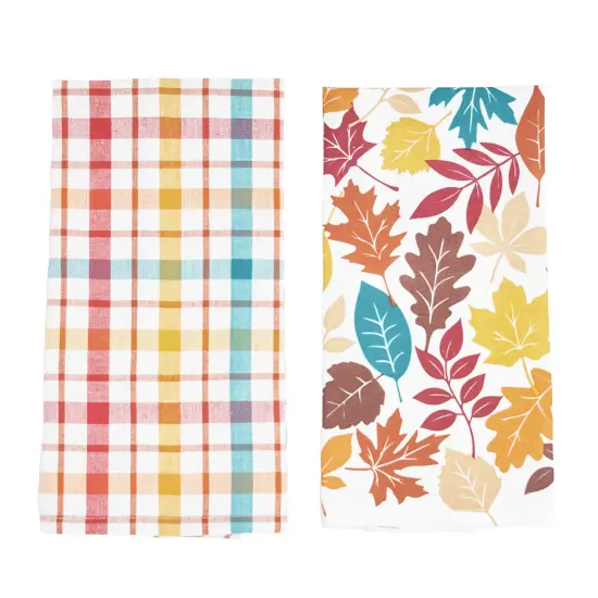 Fall Leaves & Plaid Printed Woven Kitchen Dishtowels Set of 2 {3}
