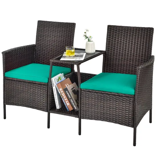 Costway Patio Rattan Wicker Conversation Set Sofa Cushioned Loveseat Glass Table {9}