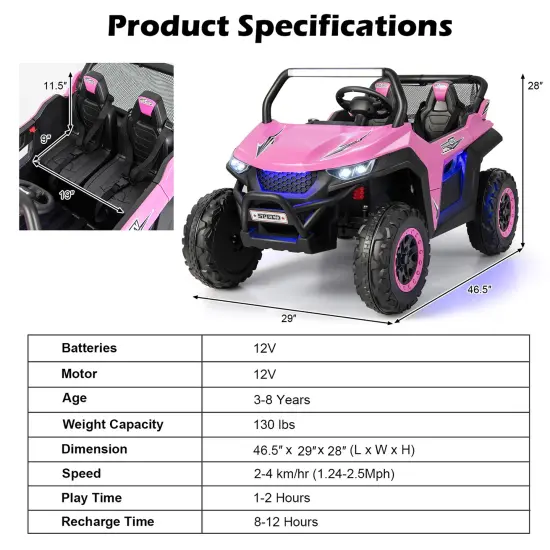 Costway 12V 2-Seater Kids Ride On UTV RC Electric Vehicle Suspension w/ Lights & Music {4}
