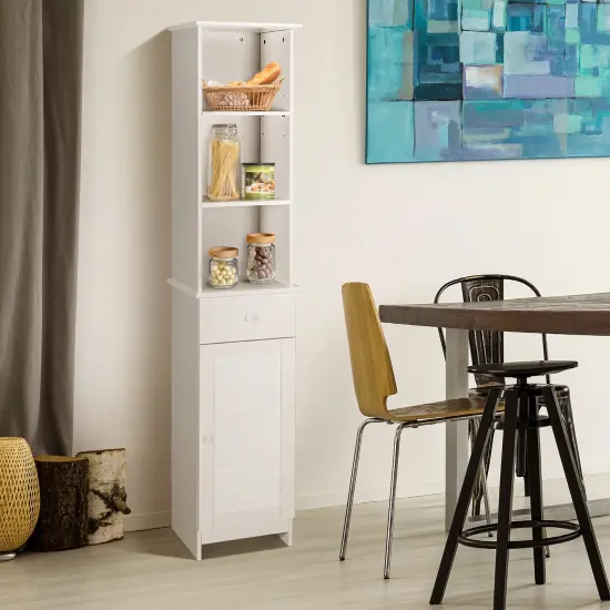 Costway Bathroom Tall Storage Cabinet Freestanding Linen Tower w/ Open Shelves & Drawer {5}