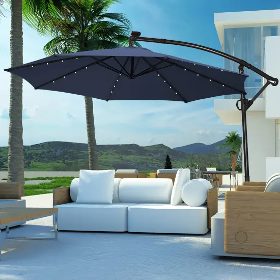 Costway 10FT Patio Offset Umbrella Solar Powered LED 360degrees Rotation Aluminum Beige/Blue/Turquoise/Navy/Orange/Burgundy/Gray {12}