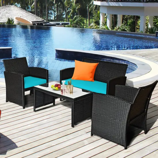 Costway 4PCS Patio Rattan Furniture Conversation Set Cushion Sofa Table Garden Turquoise\Navy {1}
