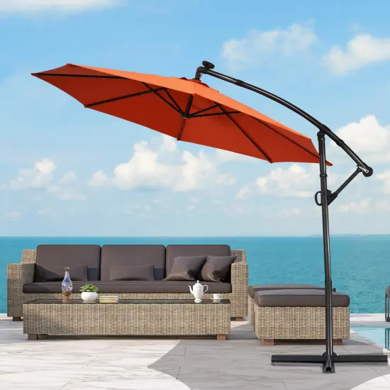 Costway 10FT Patio Offset Umbrella Solar Powered LED 360degrees Rotation Aluminum Beige/Blue/Turquoise/Navy/Orange/Burgundy/Gray {5}