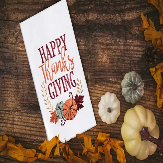 "Happy Thanksgiving" Pumpkin Harvest Thanksgiving Machine Washable Cotton Flour Sack Dishtowel {3}