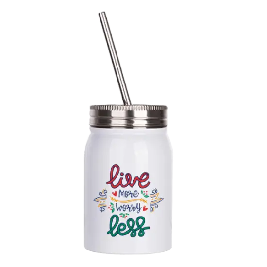 17oz Stainless Steel Mason Jar with Lid and Straw (White) {2}