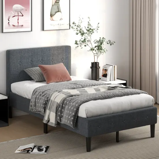 Costway Twin Size Upholstered Bed Frame Platform Bed with Button Tufted Headboard Mattress Foundation Grey {1}