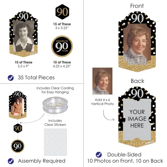 Big Dot of Happiness Adult 90th Birthday - Gold - Birthday Party Vertical Photo Garland 35 Pieces {4}