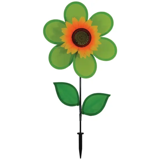 In the Breeze 2702 - 12 Inch Green Sunflower Wind Spinner with Leaves - Colorful Flower for your Yard and Garden {1}