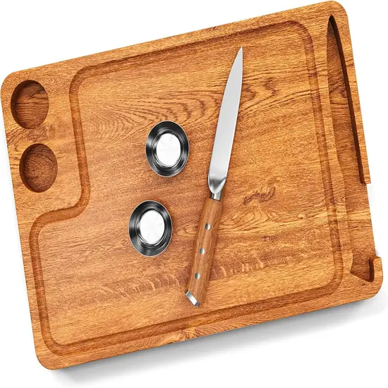 Yukon Glory Premium 100% Acacia Steak Board with Juice Groove, Steak Knife, and Condiment Cups {1}